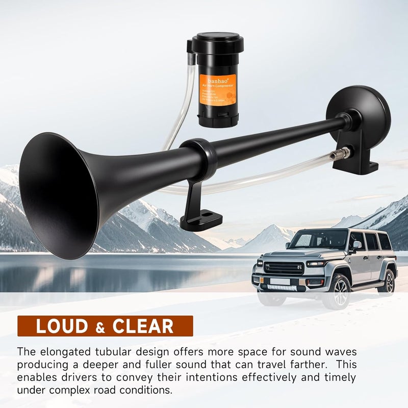 banhao Train Horn for Truck 150db 12V, Super Loud black Single Trumpet Truck Air Horn with Compressor, suitable for Any 12V Vehicles Train Car Ship Boat Lorry (Black 1 tube horn with wire) - Image 2